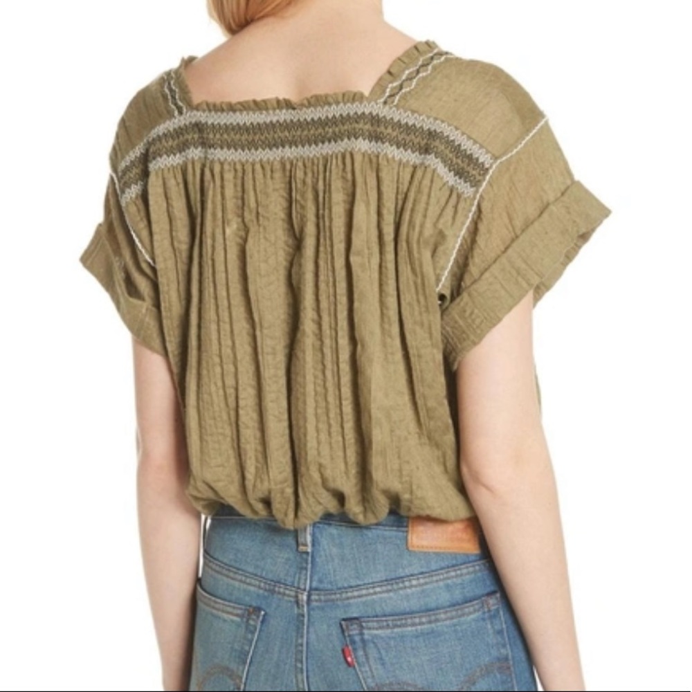 Free People Olive Green Embroidered Peasant Blouse Women’s XS NWOT - Picture 2 of 11